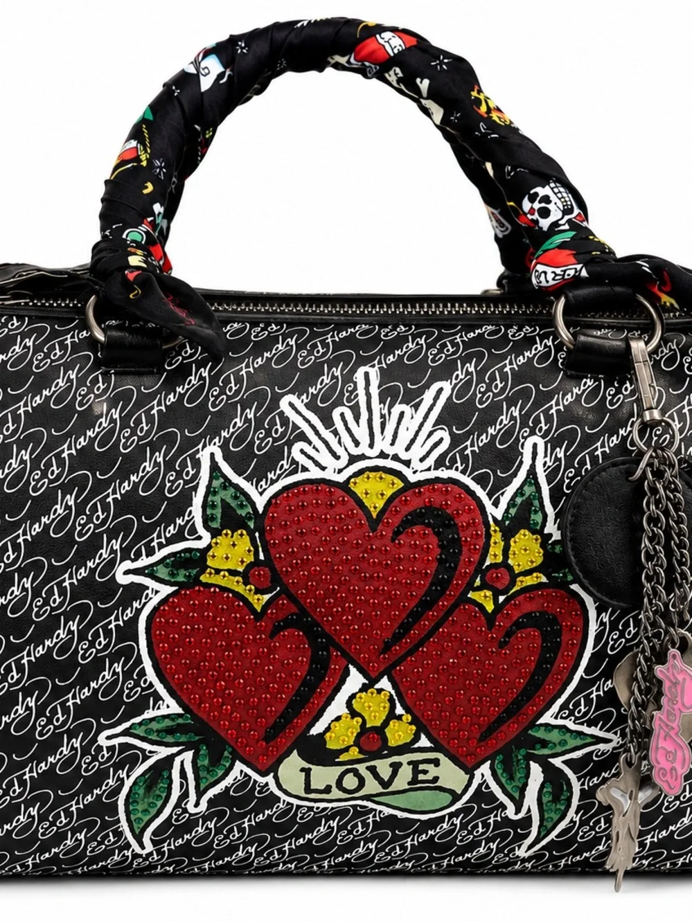 Ed Hardy Black & Red Love Hearts Top-Handle Shoulder Bag